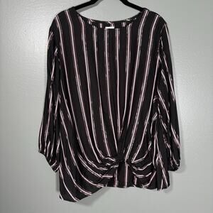 Dressbarn NWT Women's Black Metallic Stripe Tie Front Boho Glam Top - Size XLP